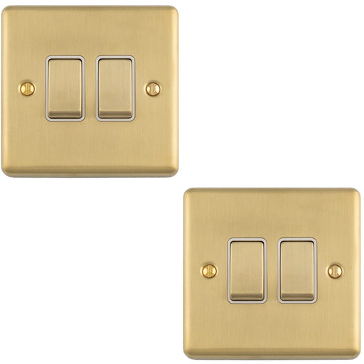 2 PACK 2 Gang Double Light Switch SATIN BRASS 2 Way 10A White Trim & Metal Rocker