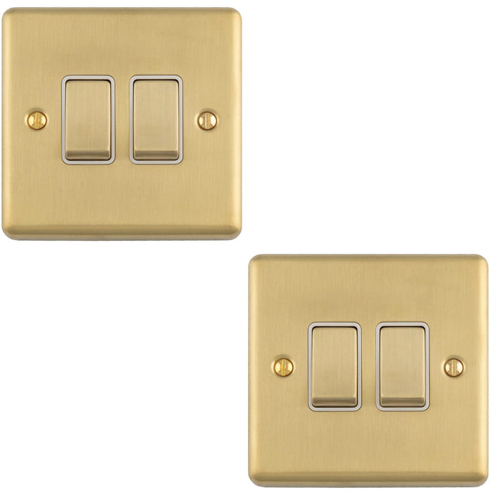 2 PACK 2 Gang Double Light Switch SATIN BRASS 2 Way 10A White Trim & Metal Rocker