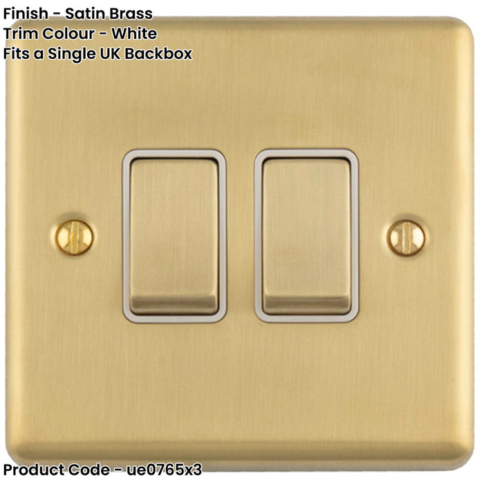 3 PACK 2 Gang Double Light Switch SATIN BRASS 2 Way 10A White Trim & Metal Rocker