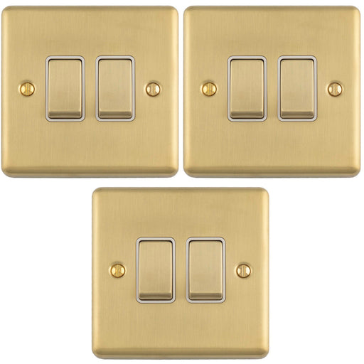 3 PACK 2 Gang Double Light Switch SATIN BRASS 2 Way 10A White Trim & Metal Rocker