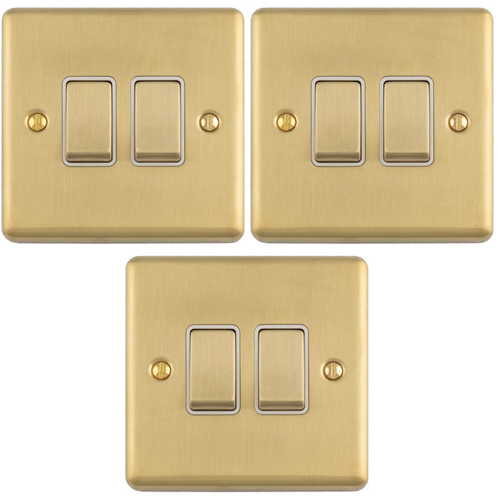 3 PACK 2 Gang Double Light Switch SATIN BRASS 2 Way 10A White Trim & Metal Rocker