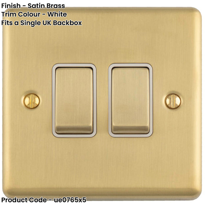 5 PACK 2 Gang Double Light Switch SATIN BRASS 2 Way 10A White Trim & Metal Rocker