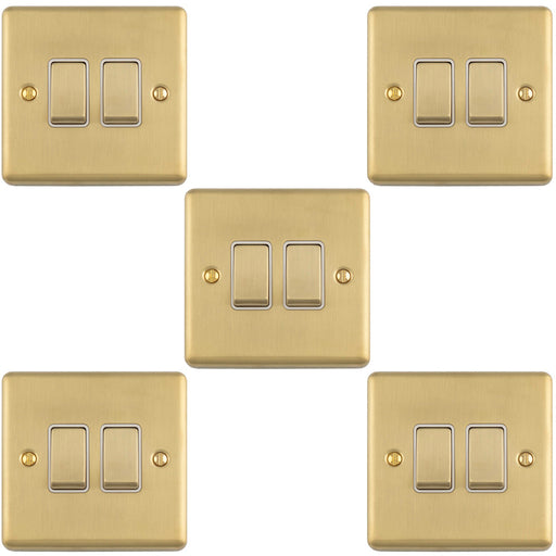 5 PACK 2 Gang Double Light Switch SATIN BRASS 2 Way 10A White Trim & Metal Rocker