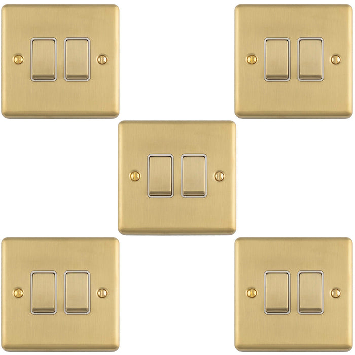 5 PACK 2 Gang Double Light Switch SATIN BRASS 2 Way 10A White Trim & Metal Rocker