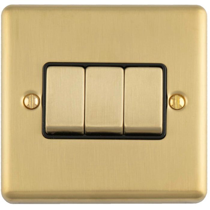 3 Gang Triple Light Switch SATIN BRASS 2 Way 10A Black Trim & Metal Rocker
