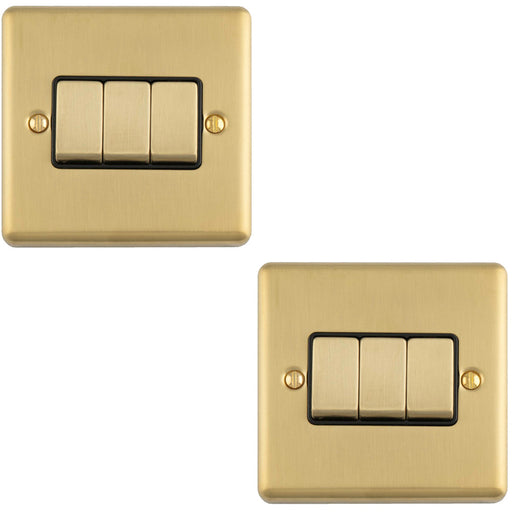 2 PACK 3 Gang Triple Light Switch SATIN BRASS 2 Way 10A Black Trim & Metal Rocker