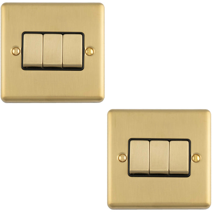 2 PACK 3 Gang Triple Light Switch SATIN BRASS 2 Way 10A Black Trim & Metal Rocker