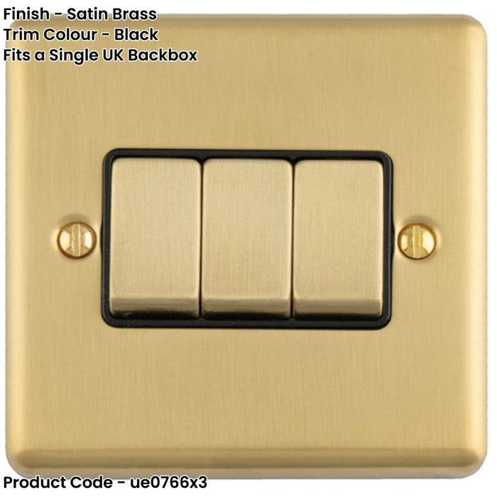 3 PACK 3 Gang Triple Light Switch SATIN BRASS 2 Way 10A Black Trim & Metal Rocker