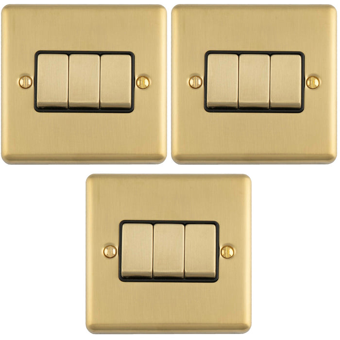 3 PACK 3 Gang Triple Light Switch SATIN BRASS 2 Way 10A Black Trim & Metal Rocker