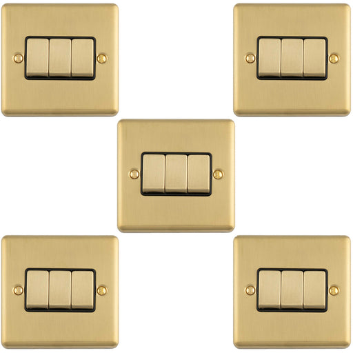 5 PACK 3 Gang Triple Light Switch SATIN BRASS 2 Way 10A Black Trim & Metal Rocker
