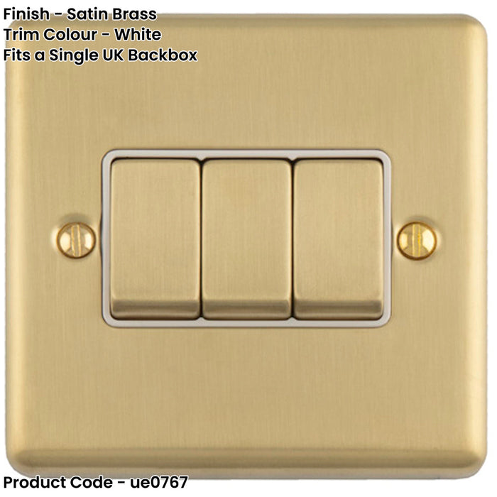 3 Gang Triple Light Switch SATIN BRASS 2 Way 10A White Trim & Metal Rocker