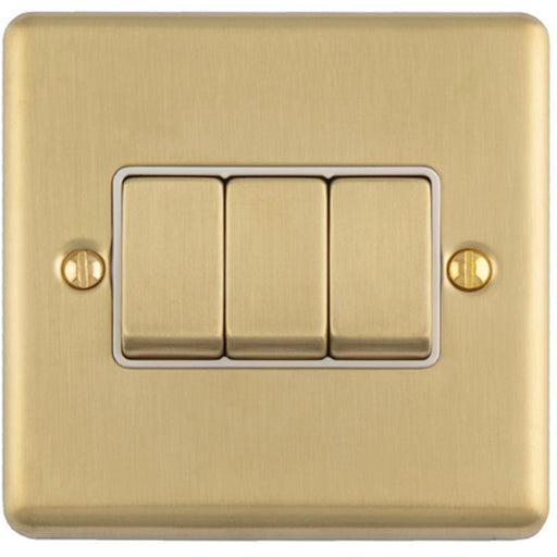 3 Gang Triple Light Switch SATIN BRASS 2 Way 10A White Trim & Metal Rocker
