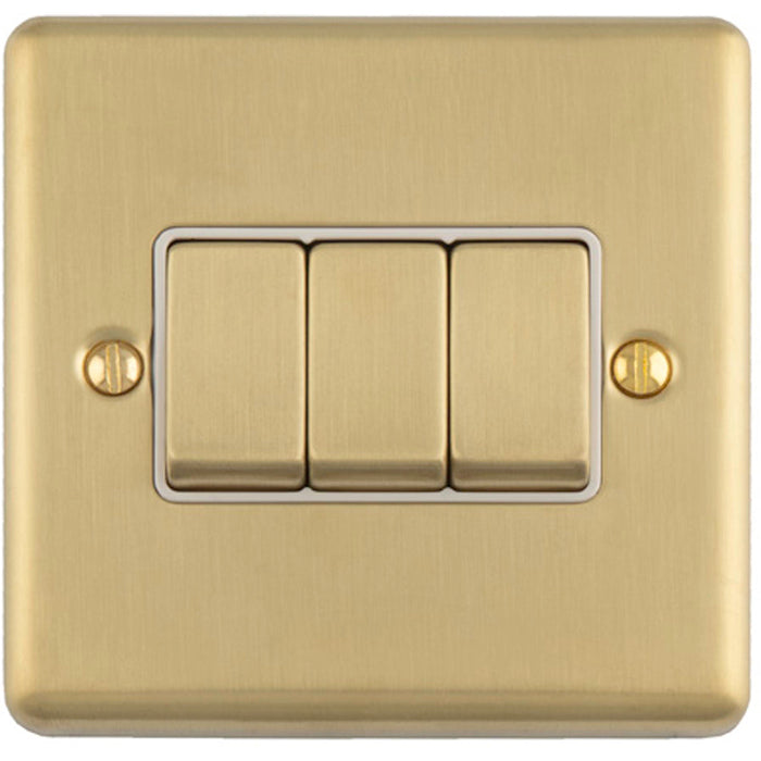 3 Gang Triple Light Switch SATIN BRASS 2 Way 10A White Trim & Metal Rocker