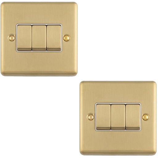 2 PACK 3 Gang Triple Light Switch SATIN BRASS 2 Way 10A White Trim & Metal Rocker
