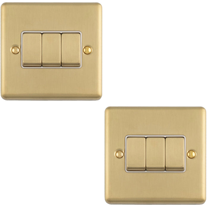 2 PACK 3 Gang Triple Light Switch SATIN BRASS 2 Way 10A White Trim & Metal Rocker