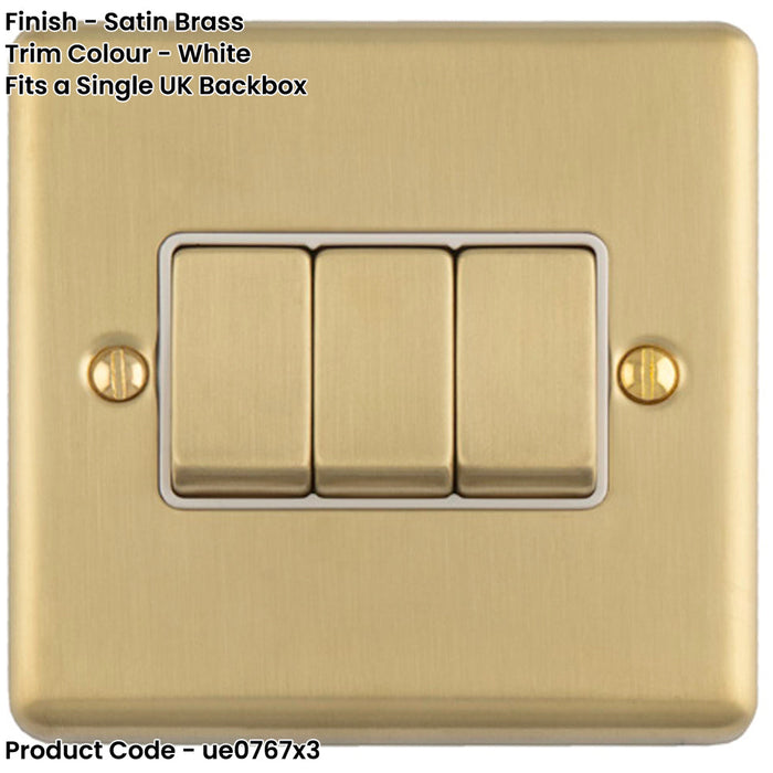 3 PACK 3 Gang Triple Light Switch SATIN BRASS 2 Way 10A White Trim & Metal Rocker