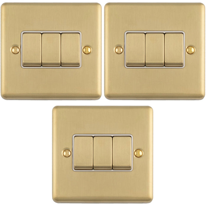 3 PACK 3 Gang Triple Light Switch SATIN BRASS 2 Way 10A White Trim & Metal Rocker