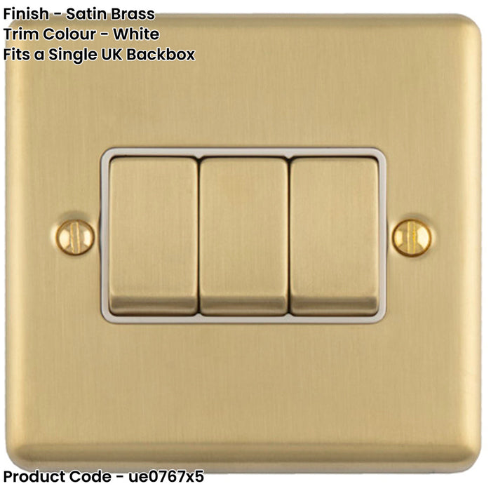 5 PACK 3 Gang Triple Light Switch SATIN BRASS 2 Way 10A White Trim & Metal Rocker