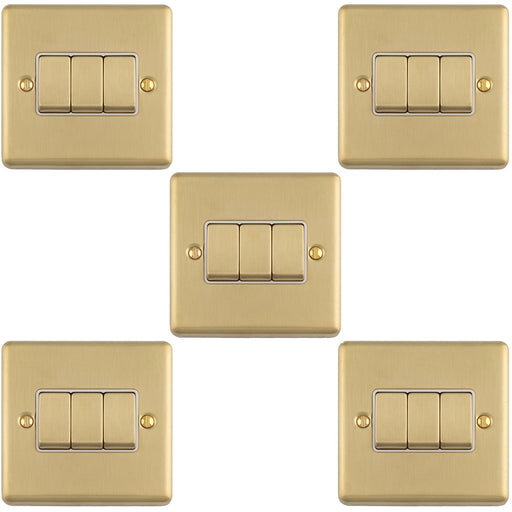 5 PACK 3 Gang Triple Light Switch SATIN BRASS 2 Way 10A White Trim & Metal Rocker