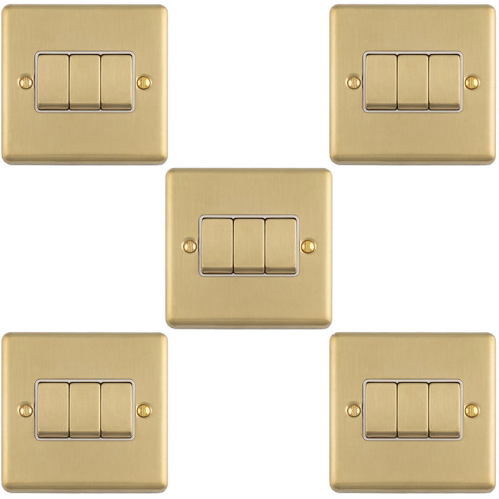 5 PACK 3 Gang Triple Light Switch SATIN BRASS 2 Way 10A White Trim & Metal Rocker