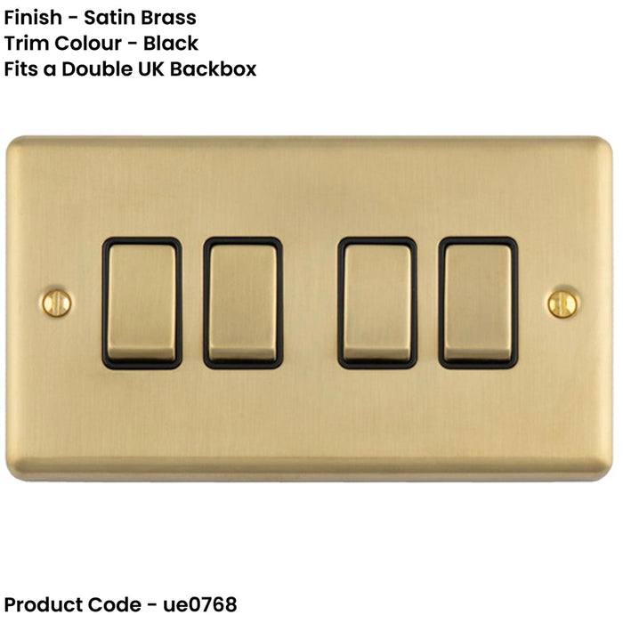 4 Gang Quad Light Switch SATIN BRASS 2 Way 10A Black Trim & Metal Rocker