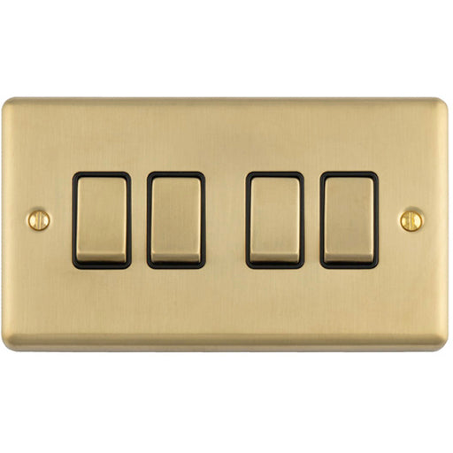 4 Gang Quad Light Switch SATIN BRASS 2 Way 10A Black Trim & Metal Rocker