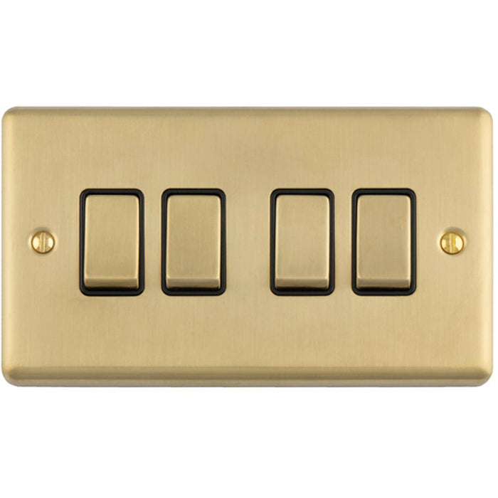 4 Gang Quad Light Switch SATIN BRASS 2 Way 10A Black Trim & Metal Rocker