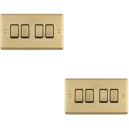 2 PACK 4 Gang Quad Light Switch SATIN BRASS 2 Way 10A Black Trim & Metal Rocker