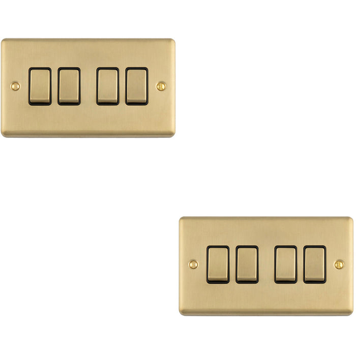 2 PACK 4 Gang Quad Light Switch SATIN BRASS 2 Way 10A Black Trim & Metal Rocker