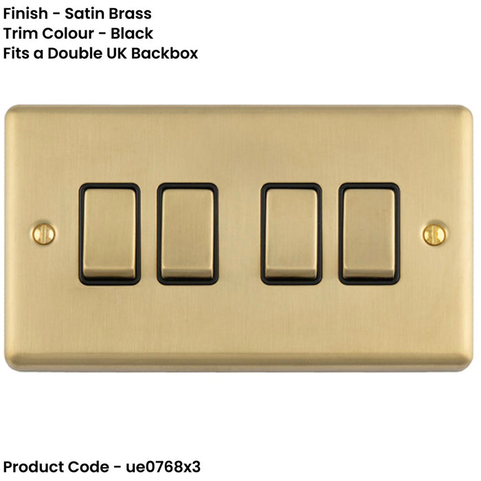 3 PACK 4 Gang Quad Light Switch SATIN BRASS 2 Way 10A Black Trim & Metal Rocker