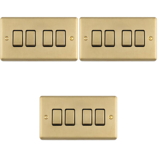 3 PACK 4 Gang Quad Light Switch SATIN BRASS 2 Way 10A Black Trim & Metal Rocker