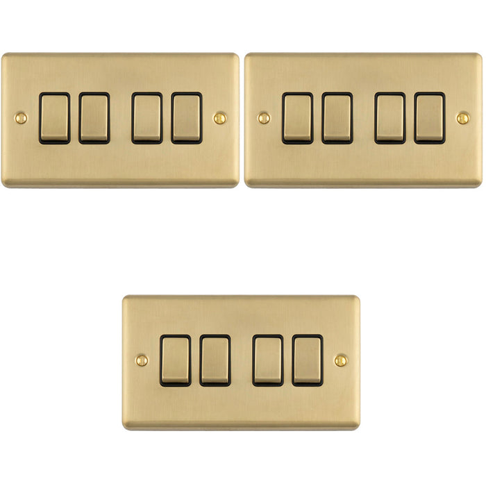 3 PACK 4 Gang Quad Light Switch SATIN BRASS 2 Way 10A Black Trim & Metal Rocker
