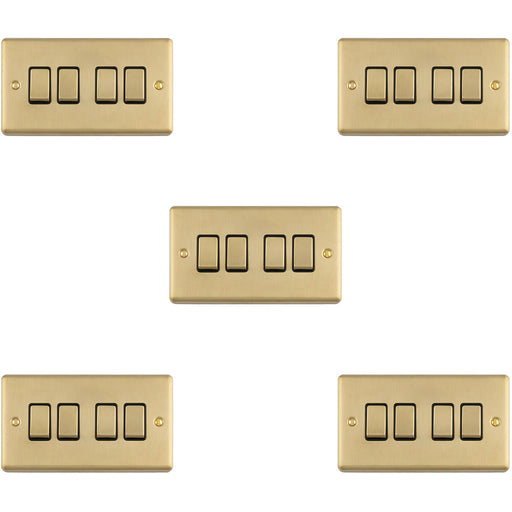 5 PACK 4 Gang Quad Light Switch SATIN BRASS 2 Way 10A Black Trim & Metal Rocker
