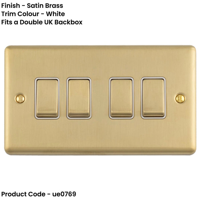 4 Gang Quad Light Switch SATIN BRASS 2 Way 10A White Trim & Metal Rocker