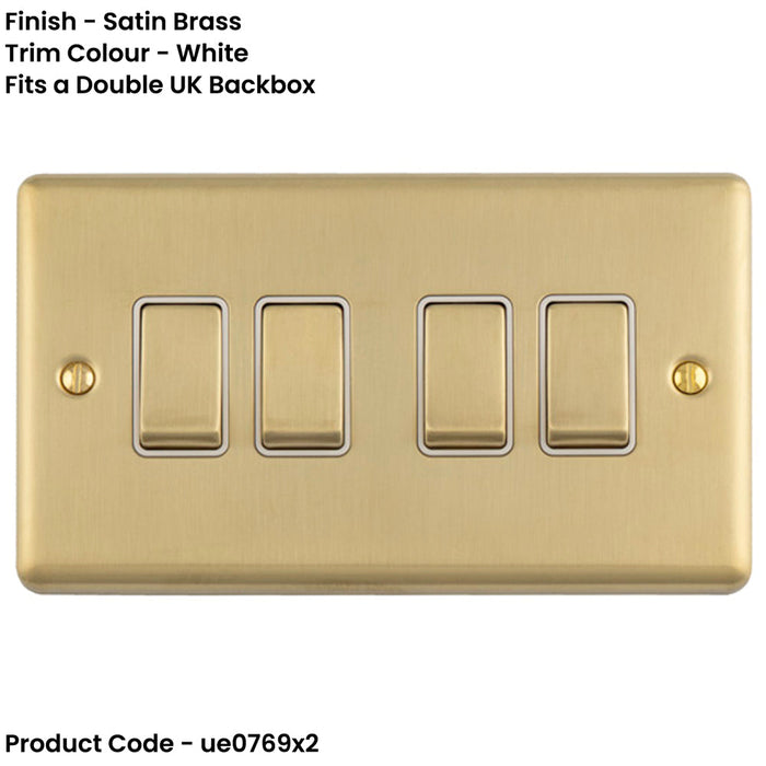 2 PACK 4 Gang Quad Light Switch SATIN BRASS 2 Way 10A White Trim & Metal Rocker