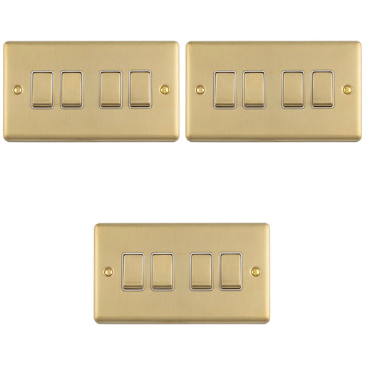 3 PACK 4 Gang Quad Light Switch SATIN BRASS 2 Way 10A White Trim & Metal Rocker