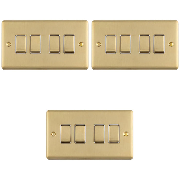 3 PACK 4 Gang Quad Light Switch SATIN BRASS 2 Way 10A White Trim & Metal Rocker