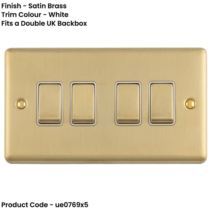 5 PACK 4 Gang Quad Light Switch SATIN BRASS 2 Way 10A White Trim & Metal Rocker