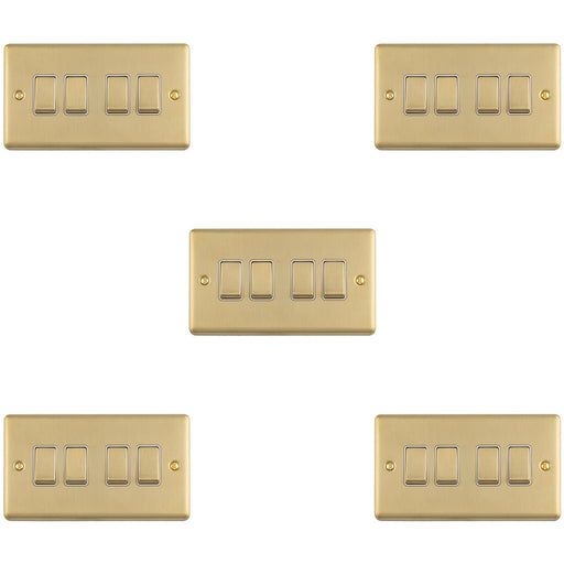 5 PACK 4 Gang Quad Light Switch SATIN BRASS 2 Way 10A White Trim & Metal Rocker