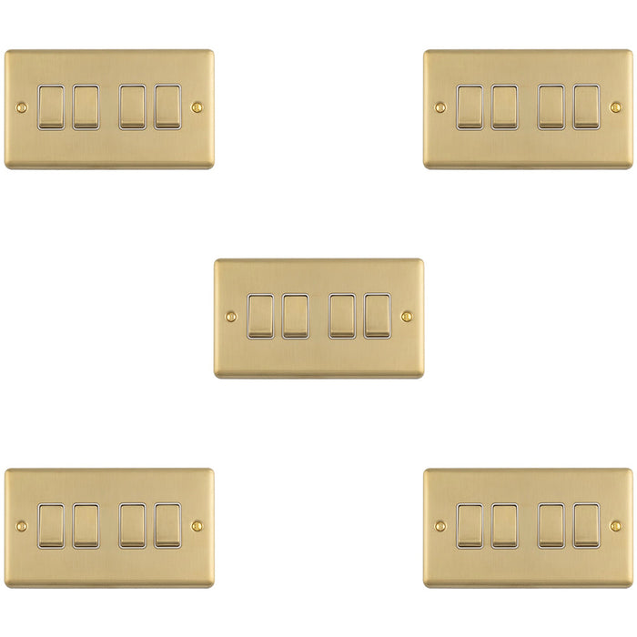 5 PACK 4 Gang Quad Light Switch SATIN BRASS 2 Way 10A White Trim & Metal Rocker