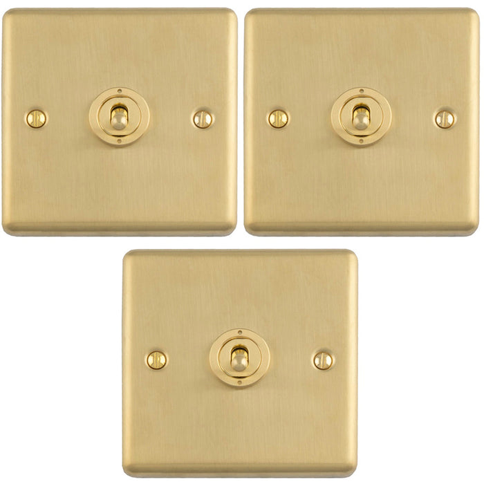 3 PACK 1 Gang Single Retro Toggle Light Switch SATIN BRASS 10A 2 Way Lever Plate