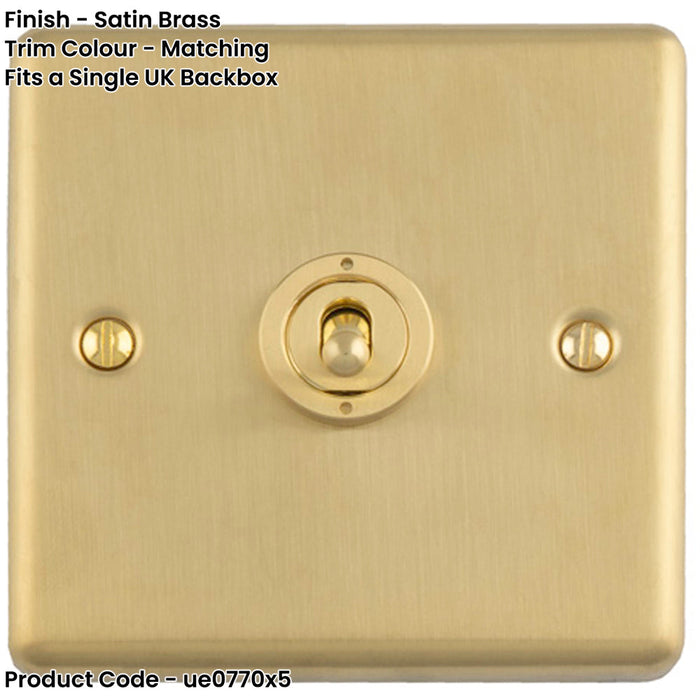 5 PACK 1 Gang Single Retro Toggle Light Switch SATIN BRASS 10A 2 Way Lever Plate