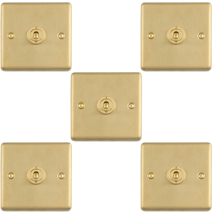 5 PACK 1 Gang Single Retro Toggle Light Switch SATIN BRASS 10A 2 Way Lever Plate
