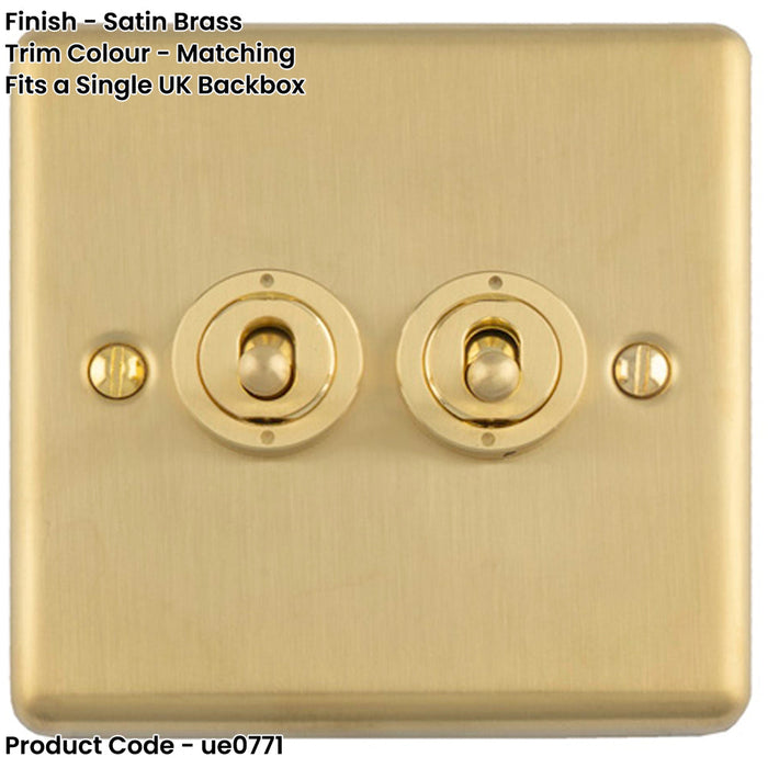 2 Gang Double Retro Toggle Light Switch SATIN BRASS 10A 2 Way Lever Plate