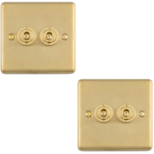 2 PACK 2 Gang Double Retro Toggle Light Switch SATIN BRASS 10A 2 Way Lever Plate
