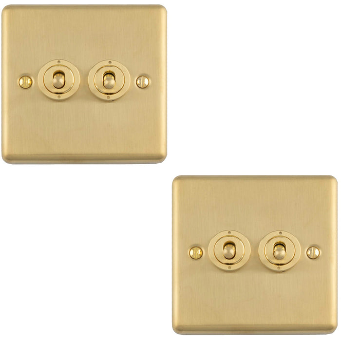 2 PACK 2 Gang Double Retro Toggle Light Switch SATIN BRASS 10A 2 Way Lever Plate