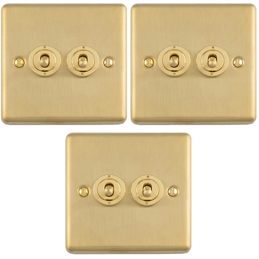 3 PACK 2 Gang Double Retro Toggle Light Switch SATIN BRASS 10A 2 Way Lever Plate