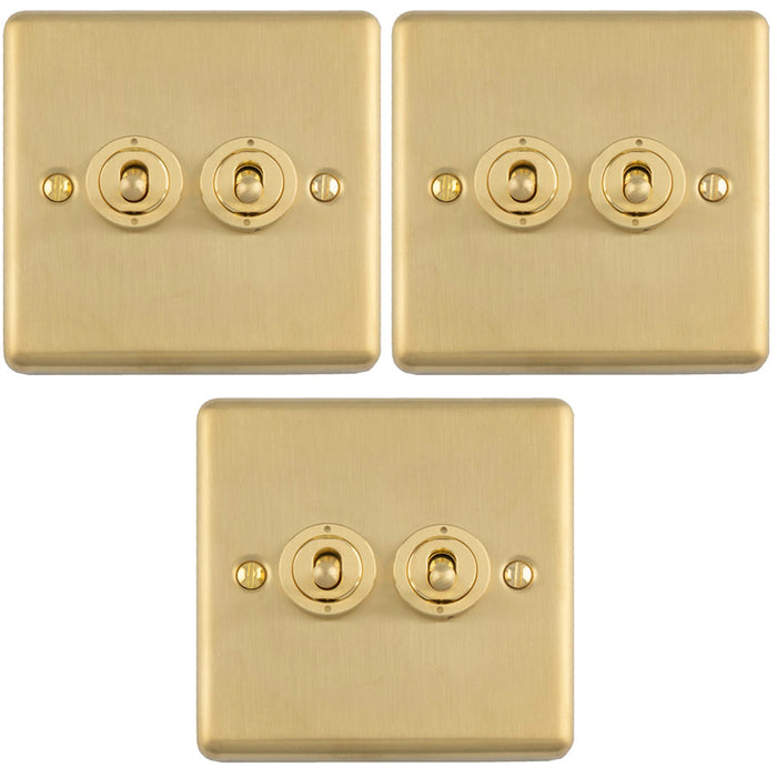3 PACK 2 Gang Double Retro Toggle Light Switch SATIN BRASS 10A 2 Way Lever Plate
