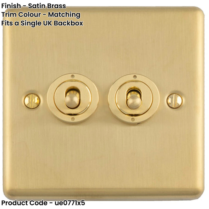 5 PACK 2 Gang Double Retro Toggle Light Switch SATIN BRASS 10A 2 Way Lever Plate