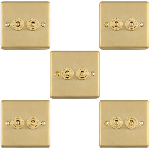 5 PACK 2 Gang Double Retro Toggle Light Switch SATIN BRASS 10A 2 Way Lever Plate